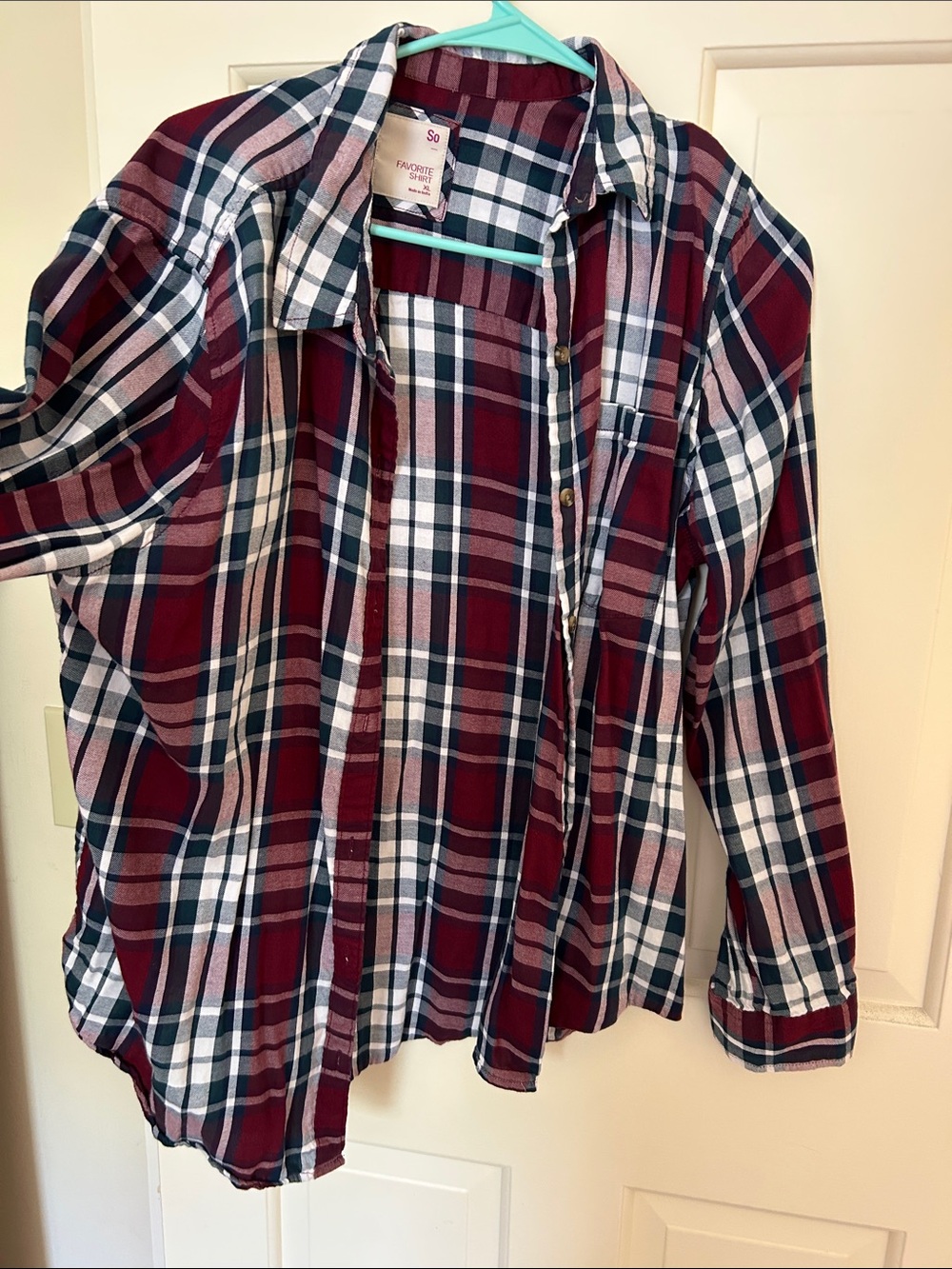 SO Burgundy, White & Navy Plaid Button-Down Shirt